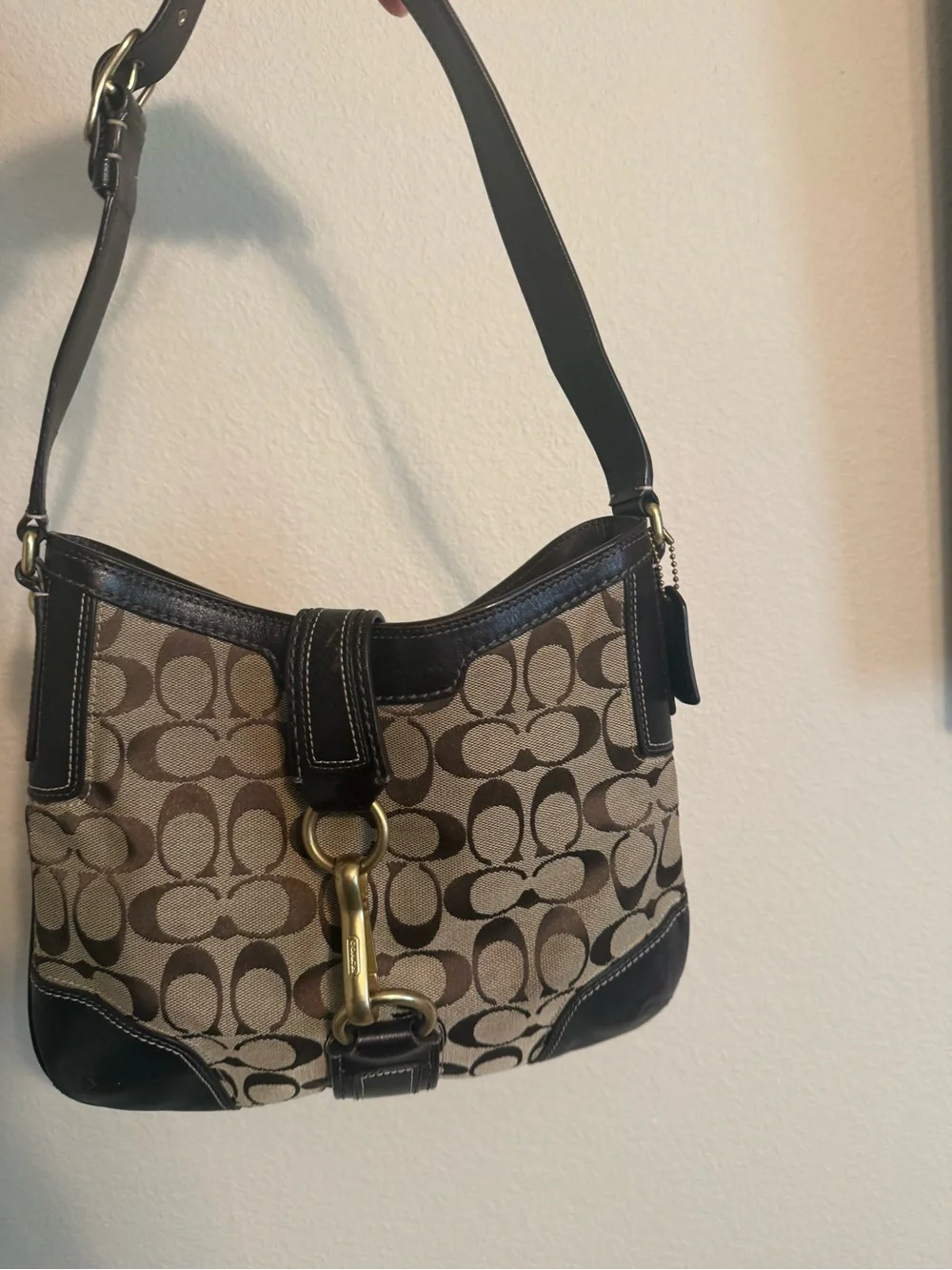 Coach Brown Signature Canvas Shoulder Bag with Dark Brown Leather Trim